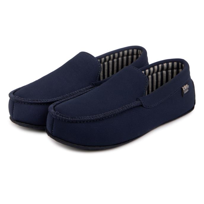 Isotoner Mens Textured Moccasin Slipper With Striped Lining Navy Extra Image 1